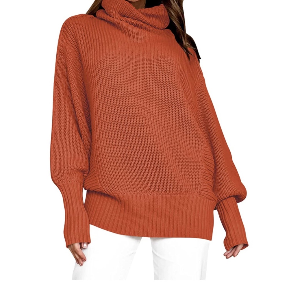 Burnt Orange Long Sleeve Turtleneck Chunky Knit Loose Oversized Sweater